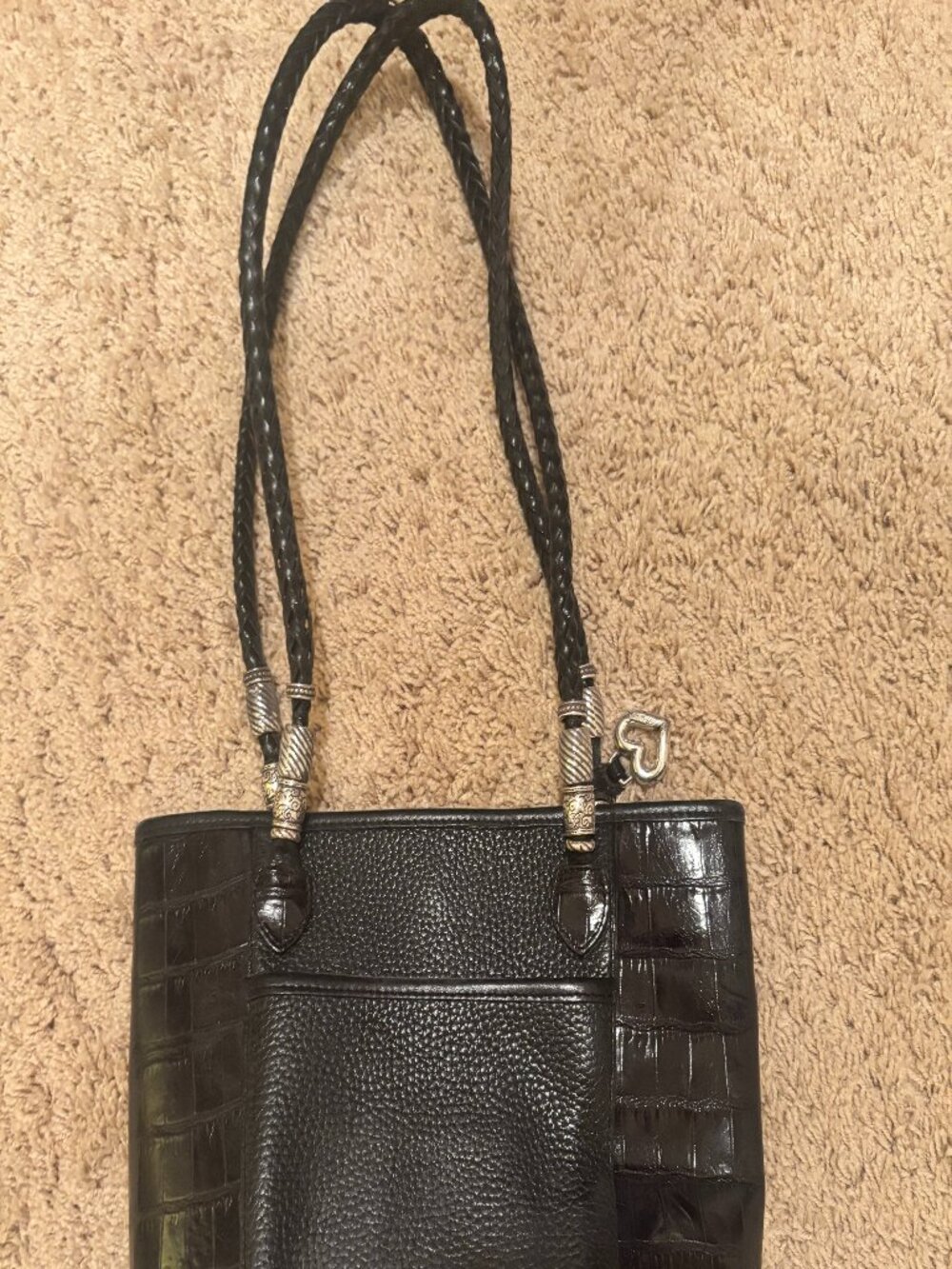Brighton Croc Embossed Blk Leather Pebble Bucket Bag